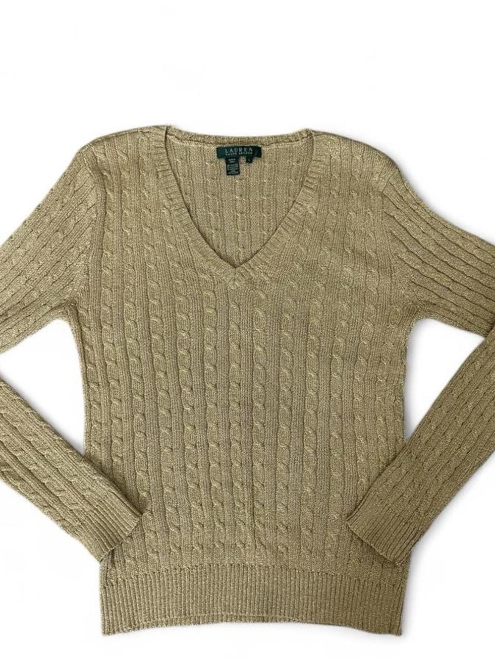 Ralph Lauren Women's Cable Knit V-Neck Sweater in gold